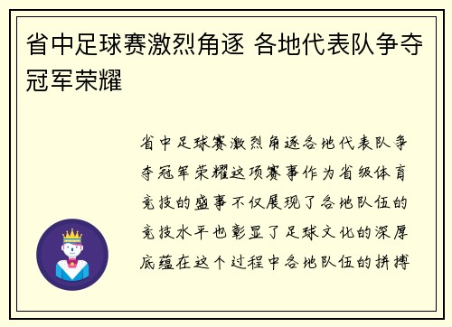 省中足球赛激烈角逐 各地代表队争夺冠军荣耀